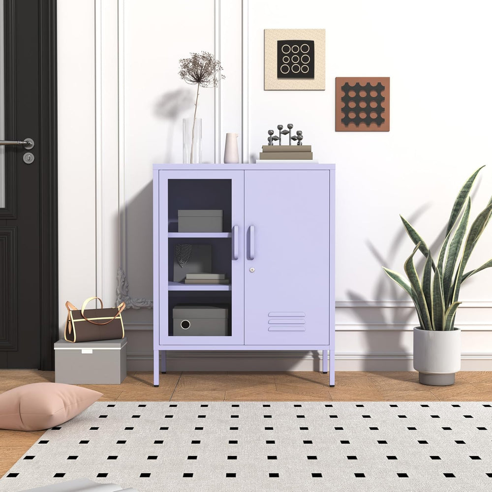 Purple Lockable Glass & Metal Door Storage Cabinet, 3-Tier Freestanding L...
