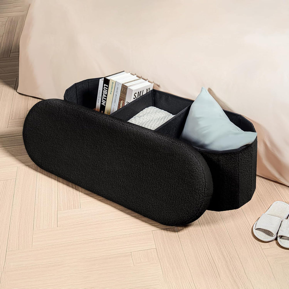 B FSOBEIIALEO 43.3" Sherpa Ottoman with Storage for Living Room, Black