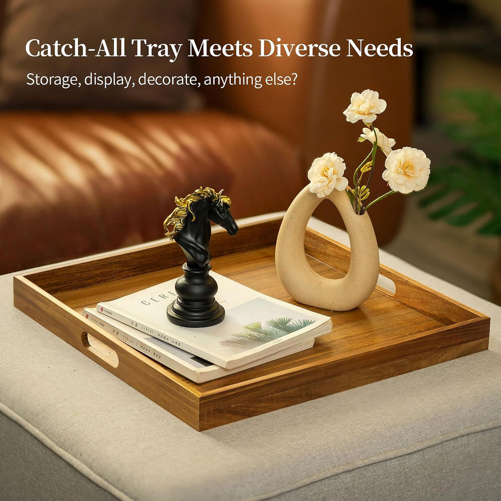 Hanobe 20" Large Acacia Wood Ottoman Tray with Handle for Coffee Table