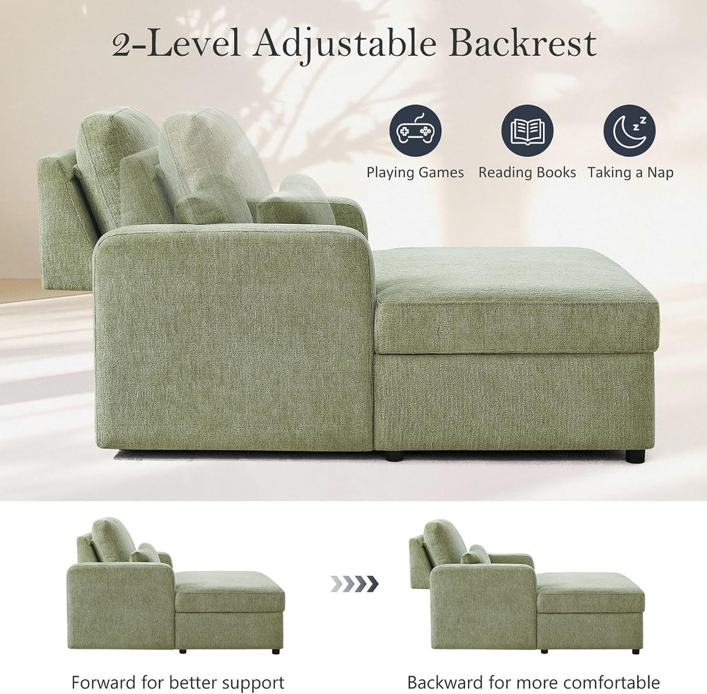 63.8" Large Chaise Lounge Chair with Storage, Chenille Sage Green
