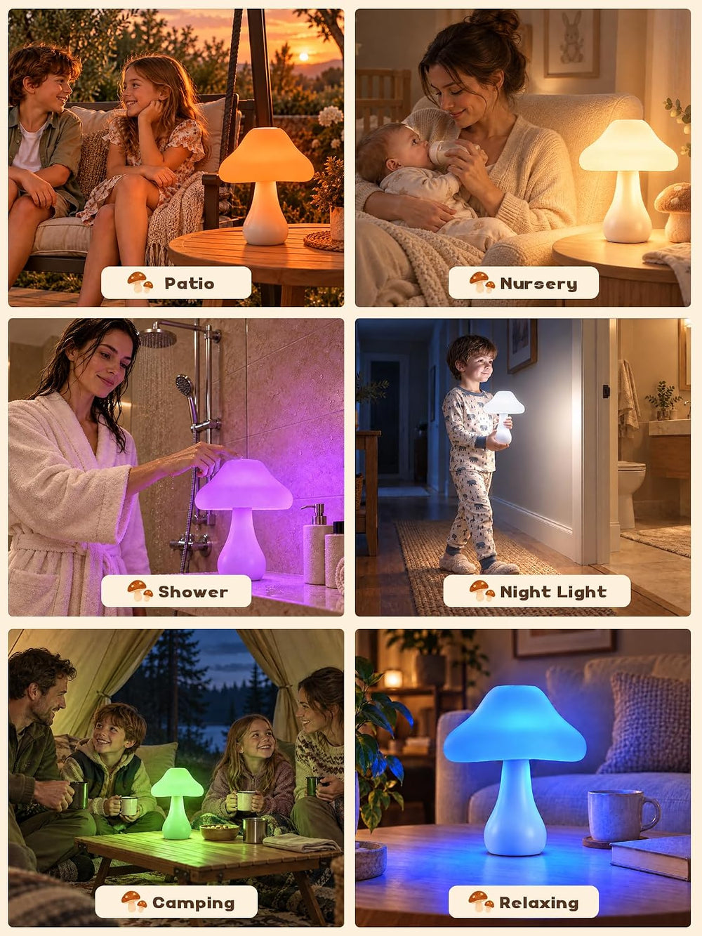 Mushroom Lamp, 10 Colors RGB+10 Brightness Rechargeable Bedside Table Lamp
