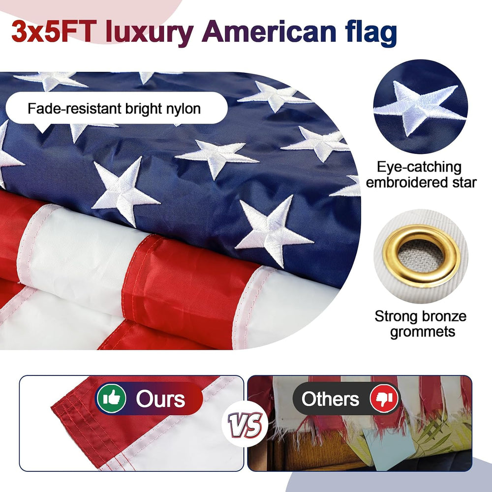 7FT Flag Pole Kit - Includes 1 inch Metal Flagpole,Heavy Duty 3x5 Embroidered...