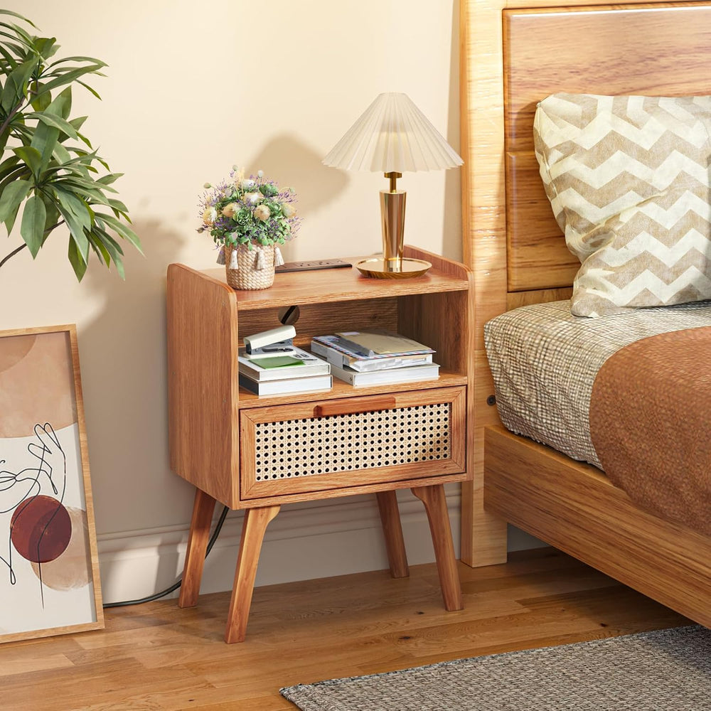 Lerliuo Rattan Nightstand with Charging Station, Side Table with Drawer