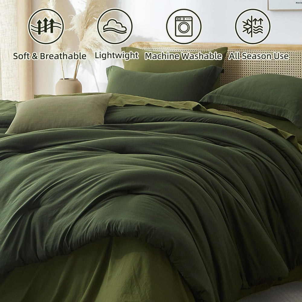 Prewashed King Size Comforter Set 7 Pieces, Dark Green Bed Set