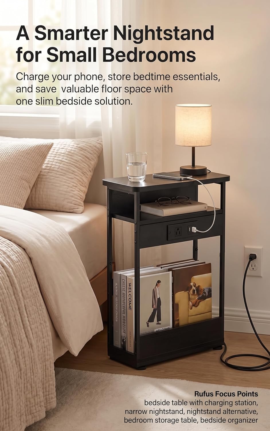 Narrow Side Table with Charging Station Small Spaces Narrow End Table