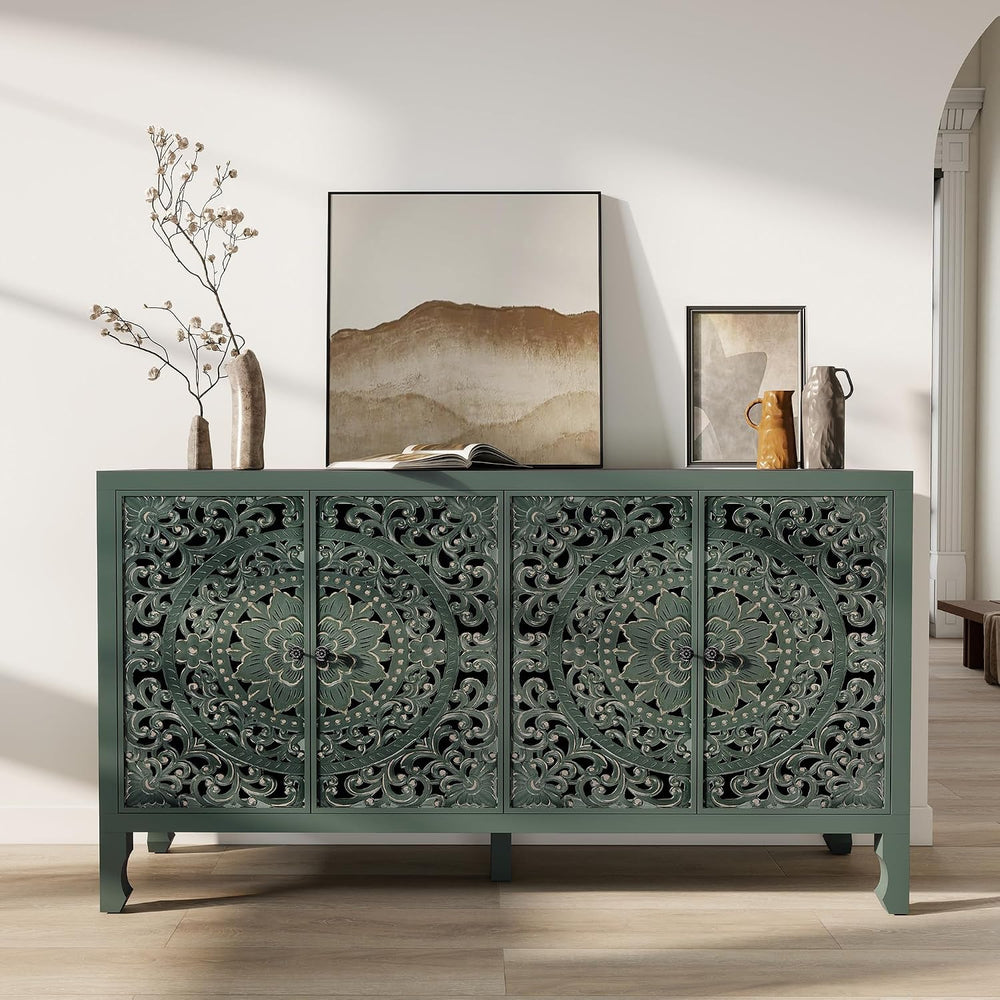 Buffet Cabinet with Storage, 4 Carved Doors Accent Cabinet, Green