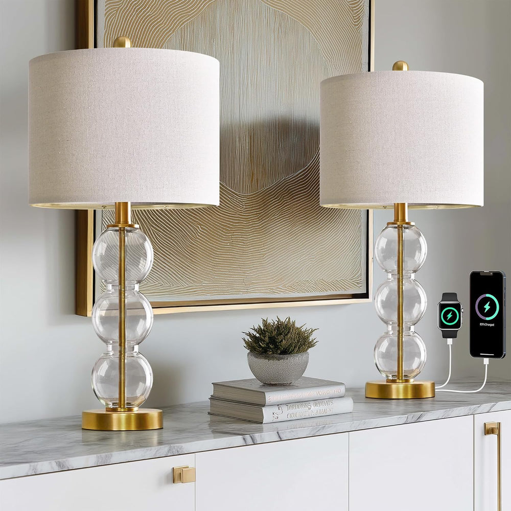 Oneach 25" Glass Table Lamps Set of 2, Gold Modern Table Lamps with USB ...