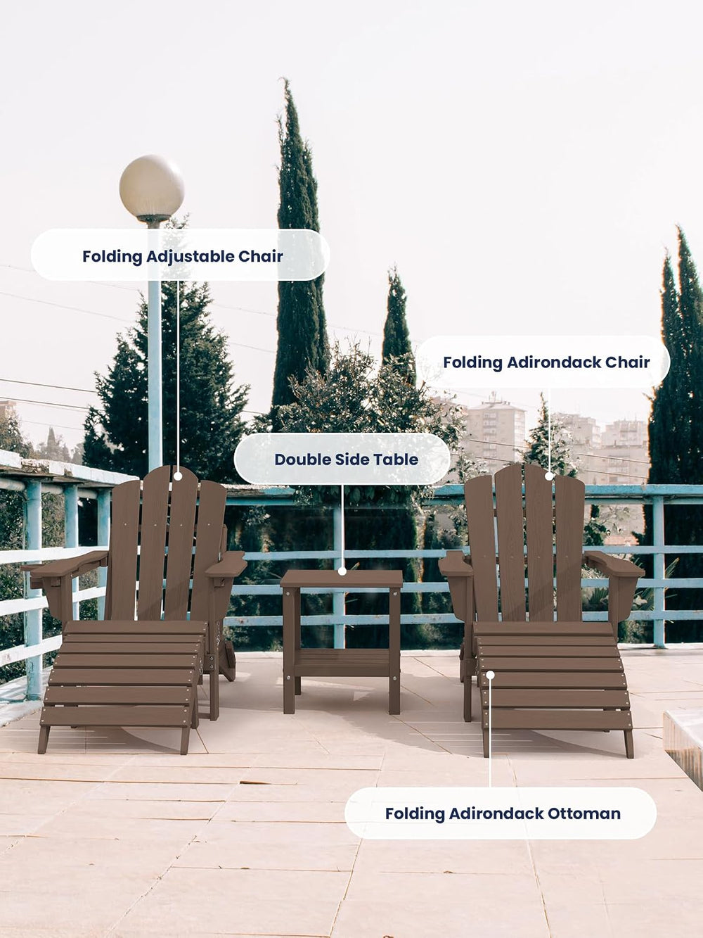 KINGYES Folding Adirondack Ottomans Set of 2 for Adirondack Chair, Brown