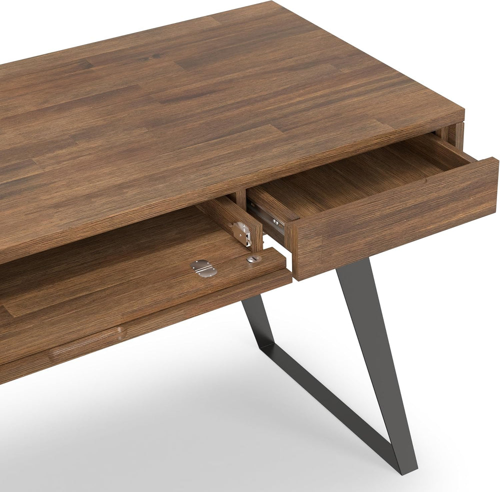 SIMPLIHOME Lowry 54" Wide Solid Acacia Wood Writing Desk in Natural Brown