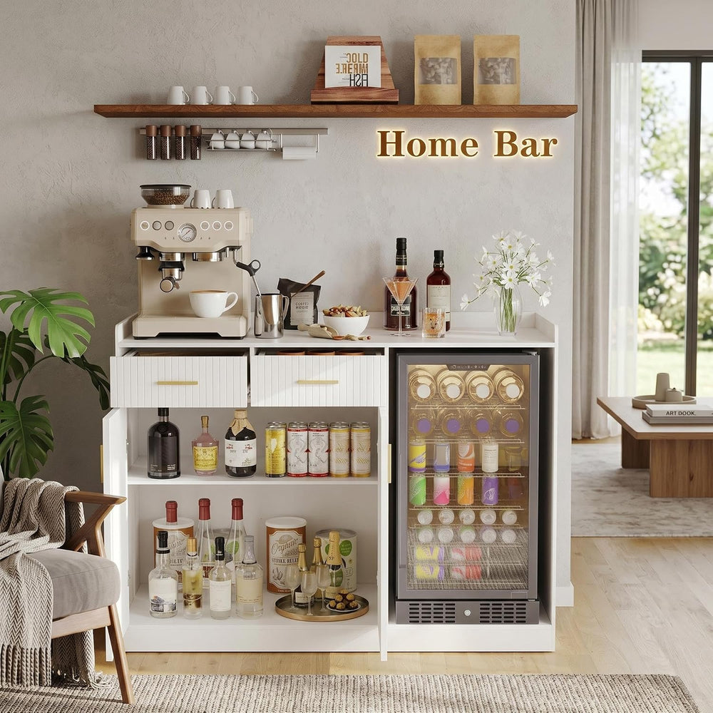 Coffee Bar Cabinet with Fridge Space, Fluted Wine Cabinet with Power Outlet