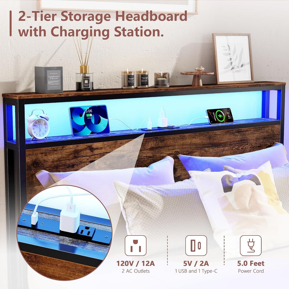 Forestell Full Size Bed Frame with 2-Tier Storage Headboard & 6 Drawers