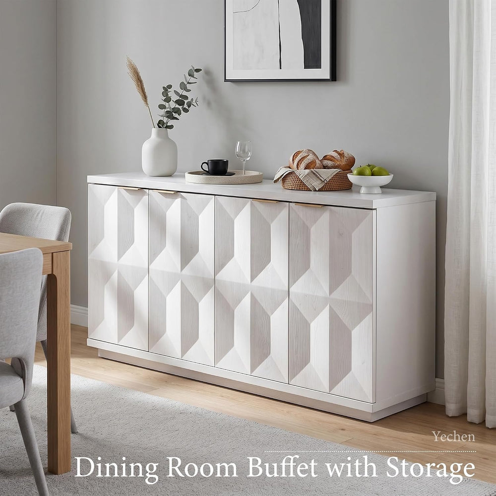 Yechen 59" W Sideboard Buffet Cabinet with 3D Geometric Doors, White Oak