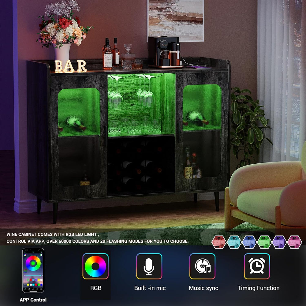 Coffee Bar Cabinet with Power Outlets and LED Light, Black Oak