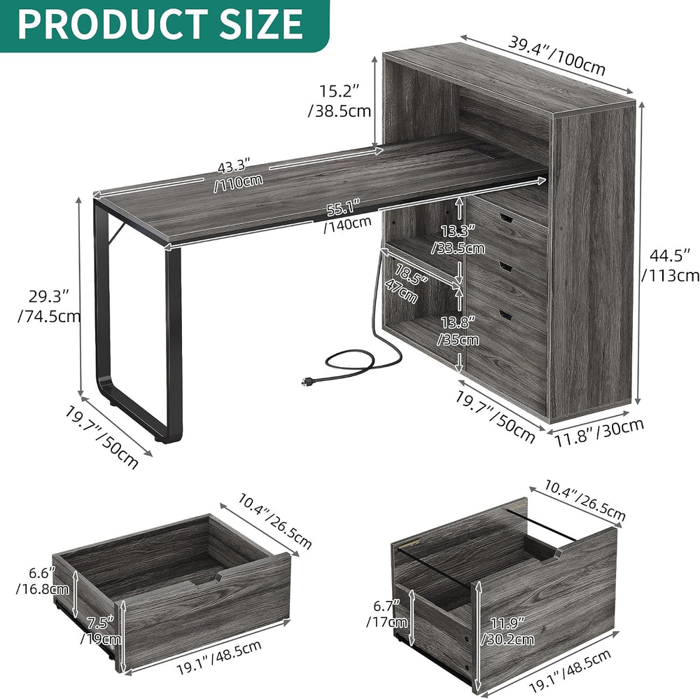 YITAHOME 55" L Shaped Corner Computer Desk with Drawers & Power, Grey