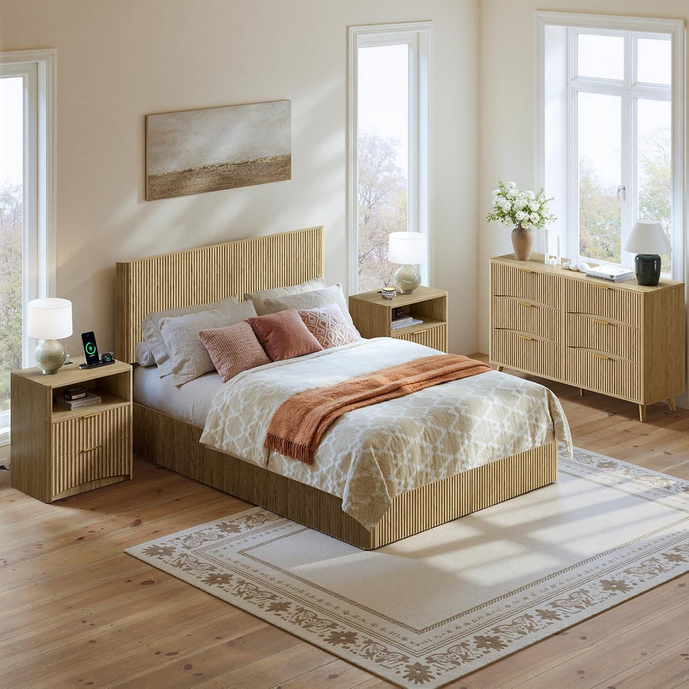 Evermagin Queen Bedroom Set, Storage Bed Frame & Charging Nightstands, Oak