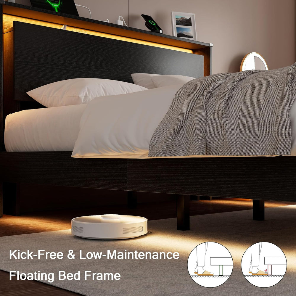 Einhomn King Size Bed Frame with LED Lights & Charging Station – Wood Flo...
