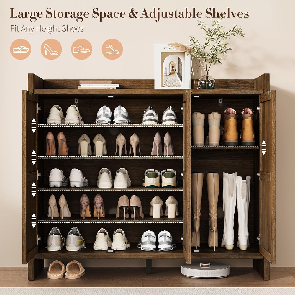 Shoe Cabinet Storage for Entryway - Rattan Accent Cabinet with 3 Doors & ...