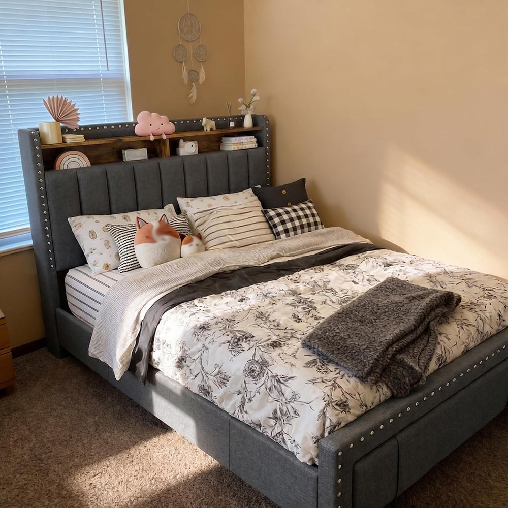 EnHomee Full Bed Frame with 2 Drawers & 2-Tier Storage Headboard Shelf