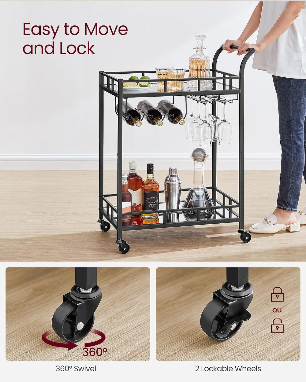 VASAGLE Bar Cart with 2 Mirrored Shelves, Wine Holders, Glass Holders