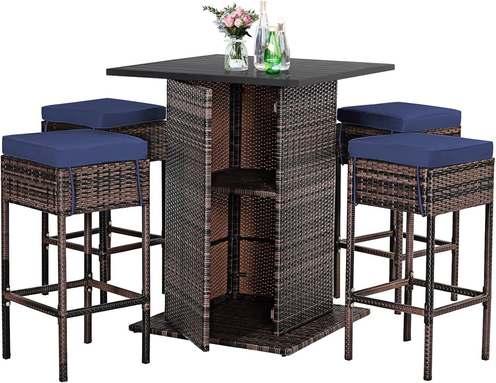 Tangkula 5 Piece Rattan Bar Table and Chairs Set Wirth 4 Cushioned Stools
