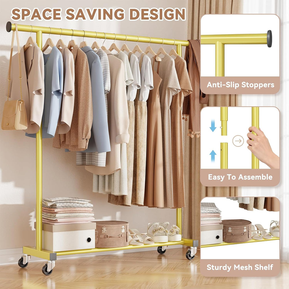 Standard Clothes Rack, Rolling 60“L Clothing Garment Rack with Wheels for Han...