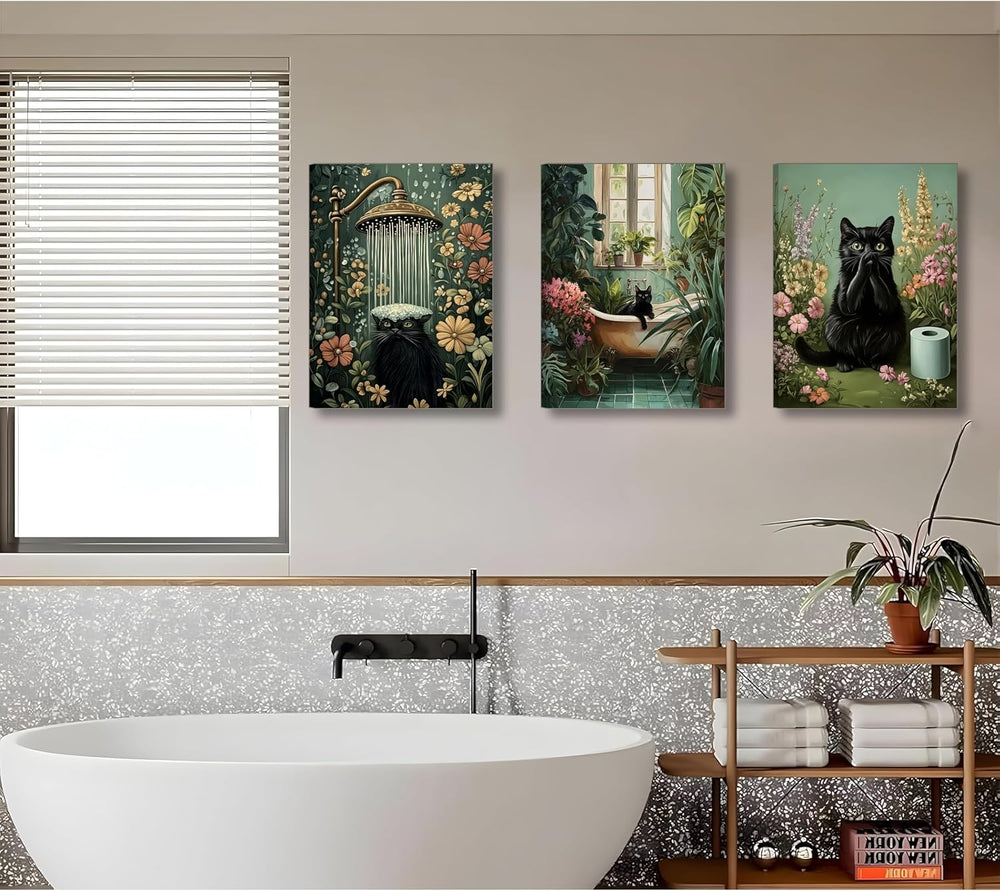 3pcs Framed Black Cat Bathroom Wall Art 12x16 inches Can Be Hung Directly