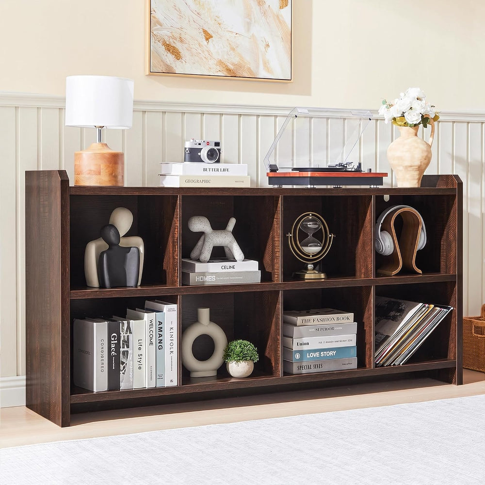 8 Cube Low Storage Organizer, 63" Long Horizontal Bookshelf, Dark Walnut
