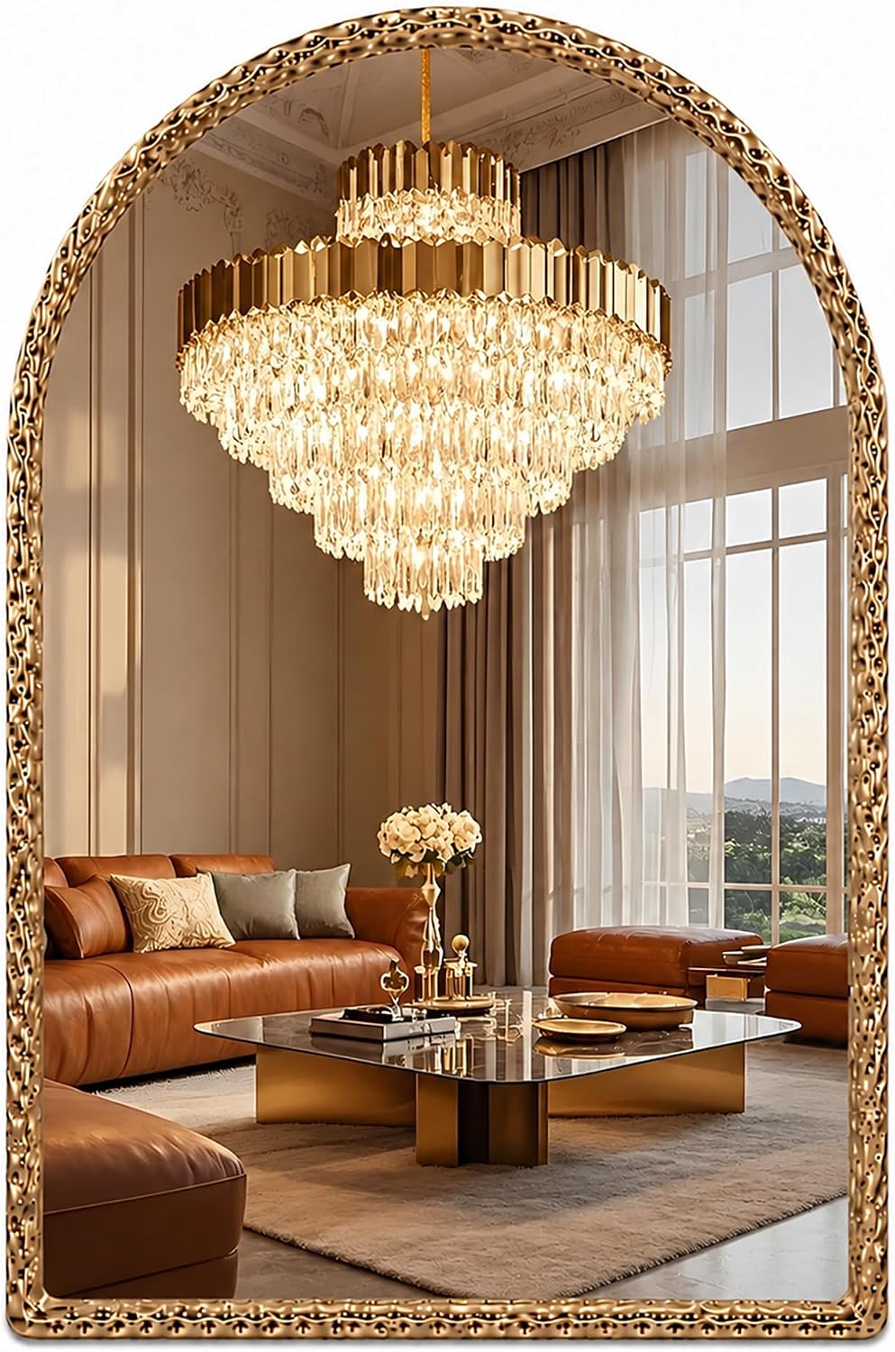 24"x36" Hammered Antique Gold Arched Bathroom Vanity Wall Mirror