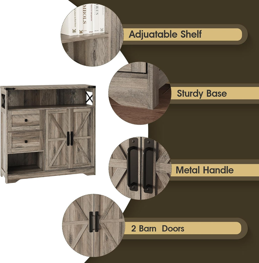 Fameill Farmhouse Storage Cabinet with Drawers and Open Storage, Grey