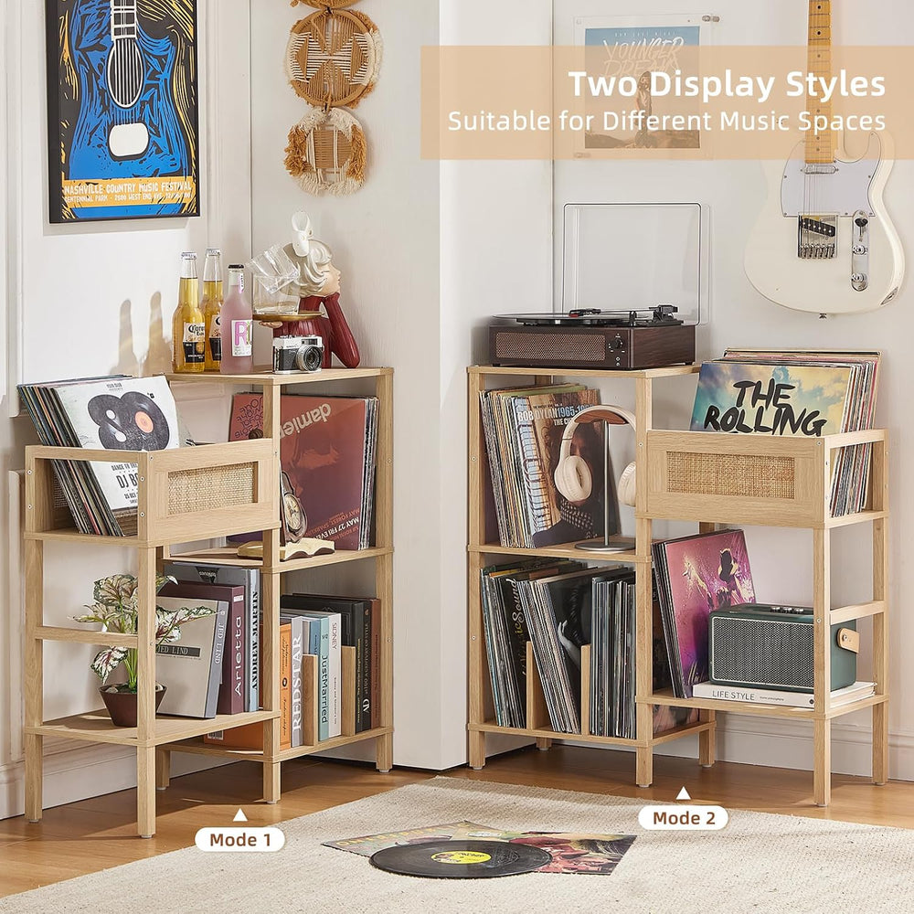LELELINKY Record Player Stand, Natural Oak Wood Record Holder with Vinyl Stor...