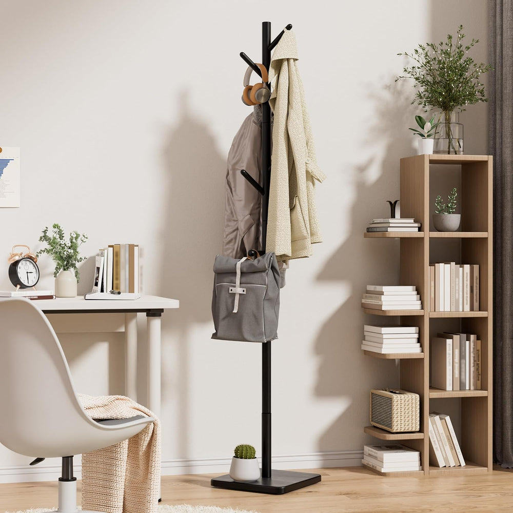 Nianerfaya Solid Wood Coat Rack, Free Standing Hall Coat Tree, Black