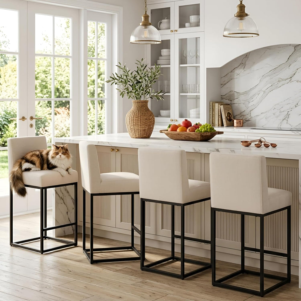 HNY Modern Counter Height Bar Stools Set of 3, 27 Inch Cream Linen Barstool
