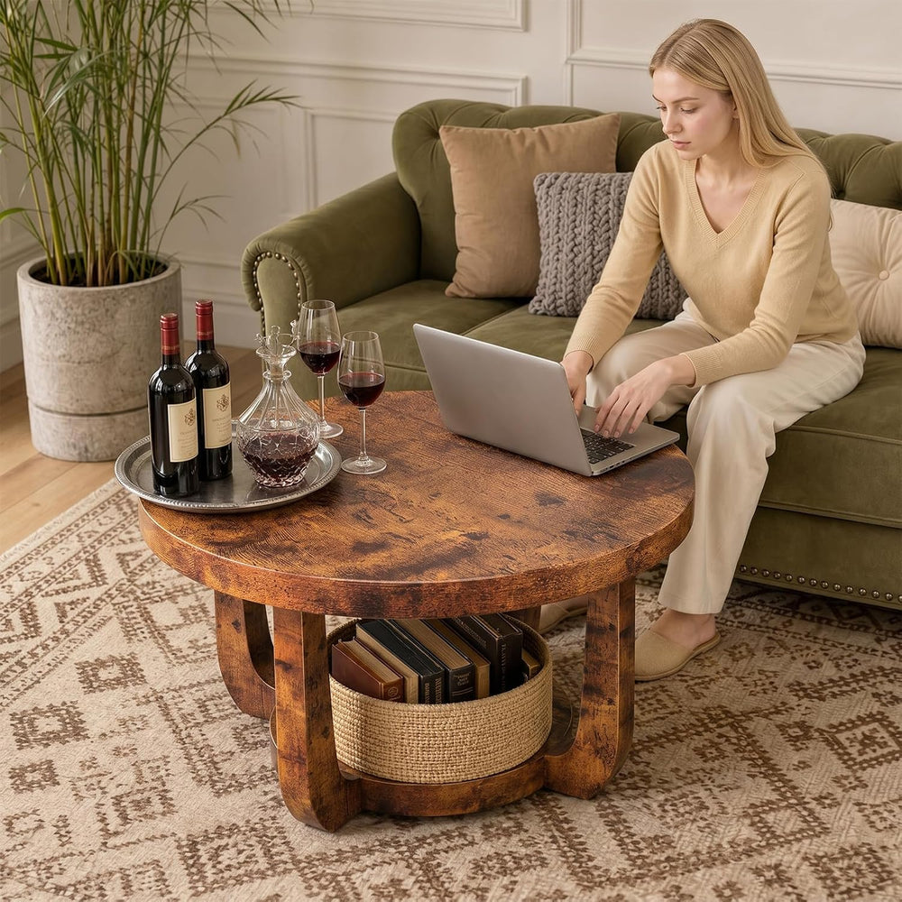 Round Coffee Table, 2-Tier Circle Coffee Table with Storage (Brown)