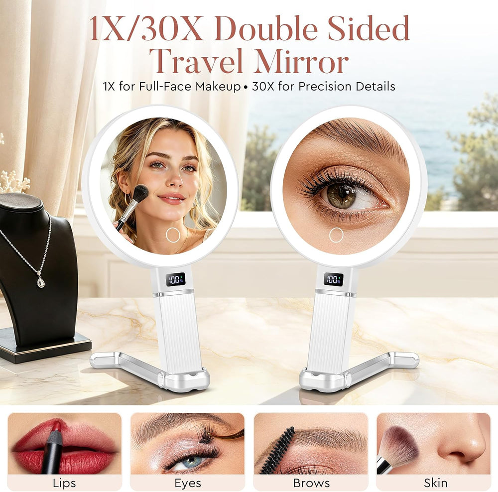 MIYADIVA Travel Makeup Mirror with Lights, Height Adjustable 30X/1X Double-Si...