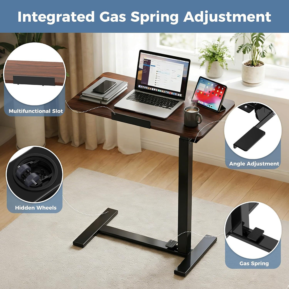 DUMOS Overbed Table with Wheels, Height-Adjustable Bedside Table, Brown