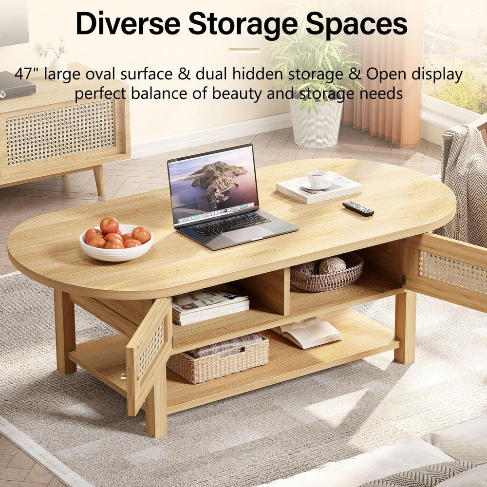 LVB Oval Rattan Coffee Table, 47" Boho Wood Living Room Table with Storage