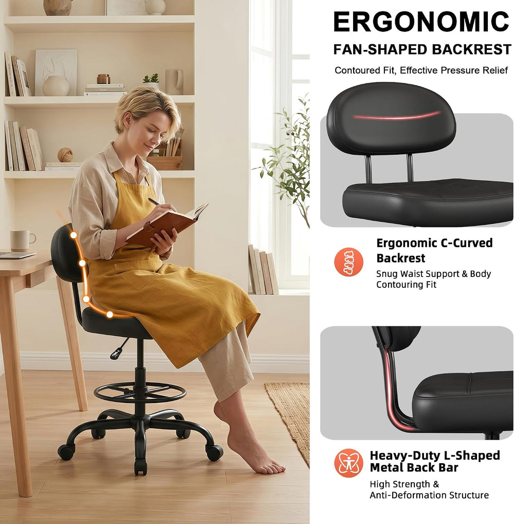 Armless Drafting Chair with Back, Tall Office Chair for Standing Desk, PU Fau...