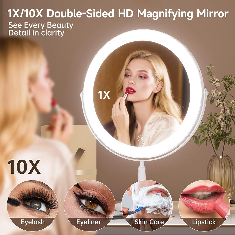 11.8" Makeup Mirror, Rechargeable Vanity Mirror with 3 Lights, 1X/10X