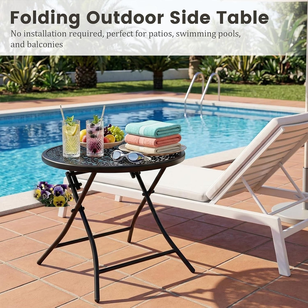 TeoKJ Folding Small Outdoor Side Table, No Assembly Patio Metal Desk, Black