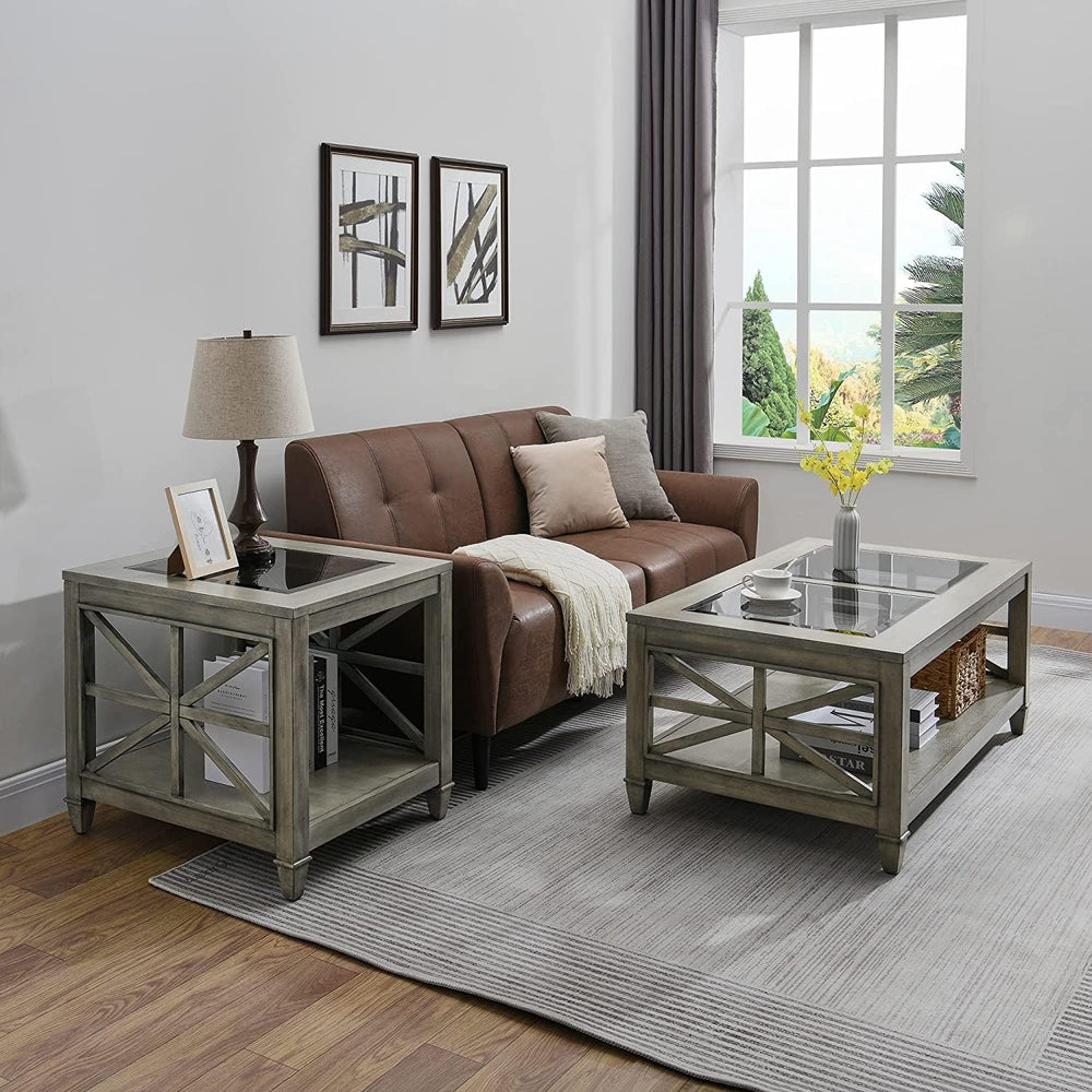 Large Solid Wood End Table with Tempered Glass Top, Antique Gray