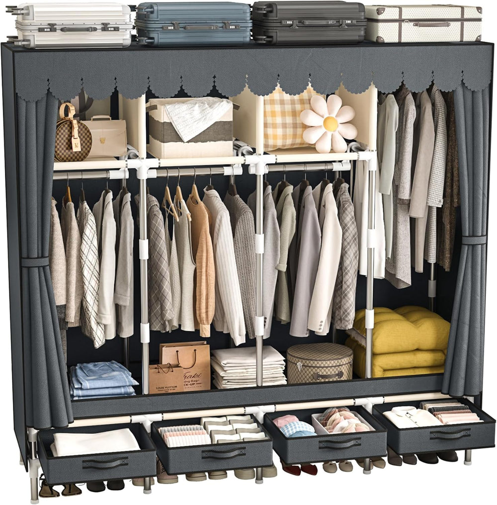 Large Portable Wardrobe with 4 Hanging Rods and Drawers, Armoire, Metal Stora...