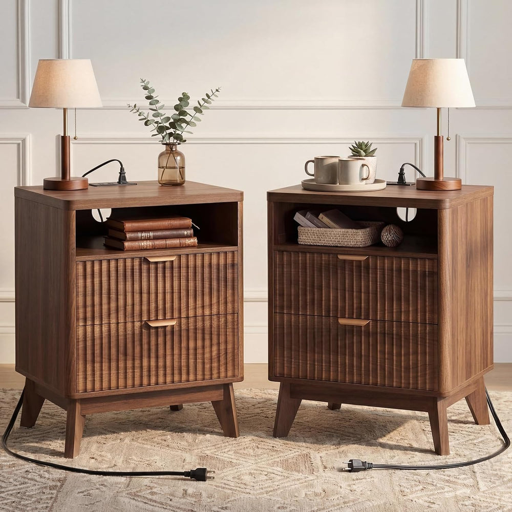 LYNCOHOME Fluted Nightstand with Charging Station, 19.7 inch Wide End Table w...