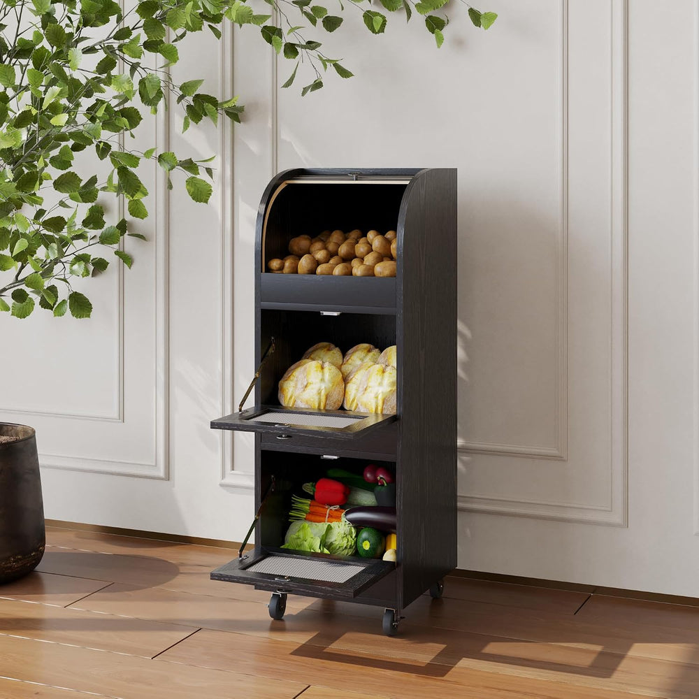 Potato & Onion Storage Bin with Wheels & Mesh Doors,3-Tier Bread Box,...