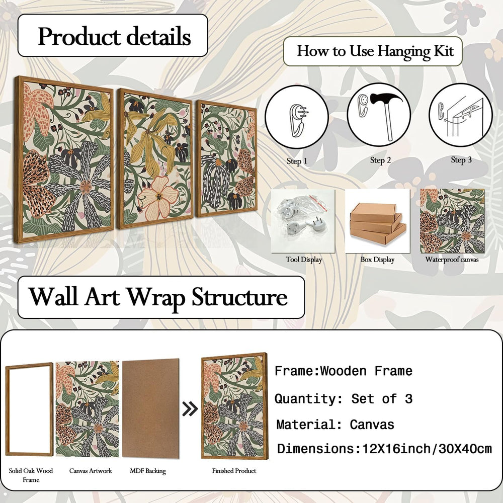 Framed Boho Floral Canvas Wall Art Set of 3, Sage Green Flower Pictures Wall ...