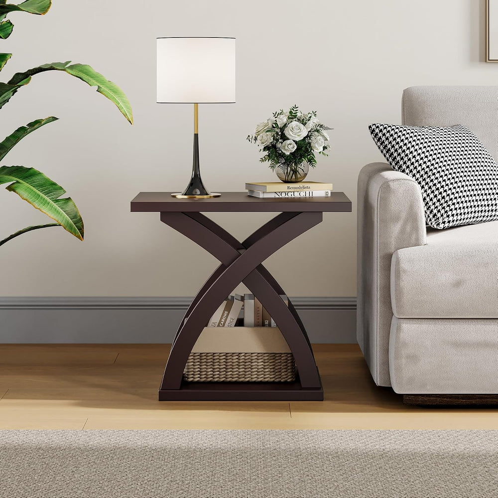 ChooChoo Side Table, Modern End Table with Storage Shelf, X-Design