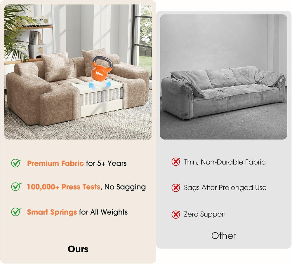 84" Modular Loveseat Couch, 30" Deep Seat Boneless Sofa, Khaki