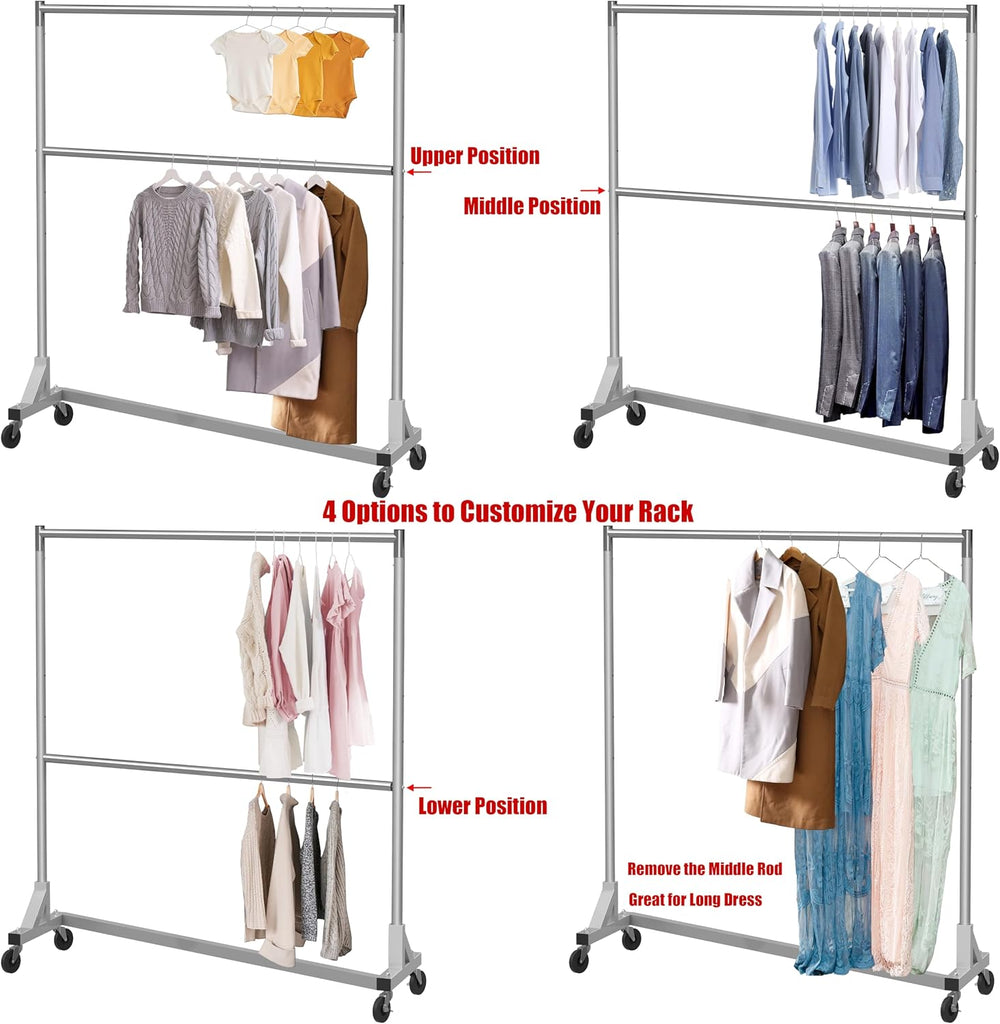 Simple Houseware Commercial Grade Z-Base Double Rod Garment Rack, Silver