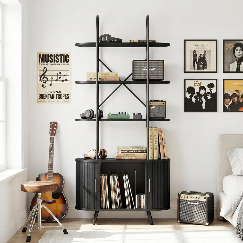 Tall Vinyl Record Player Stand with Sliding Doors, 4 Tier Shelf, Black
