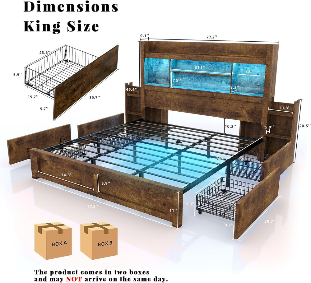 LUXOAK King Size Bed Frame with Bookcase Headboard & Storage, Rustic Brown