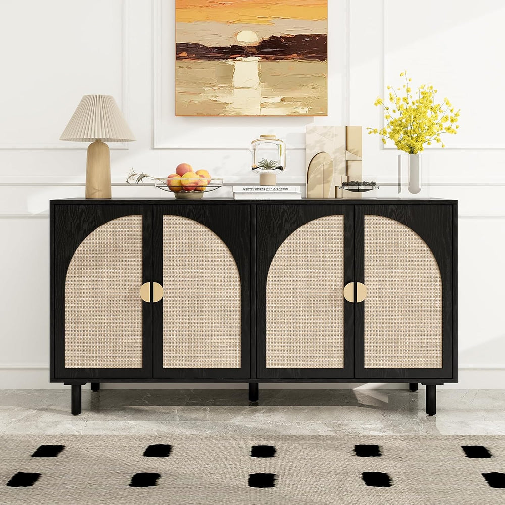 Sideboard Buffet Cabinet with Storage - Rattan 4 Door Cabinet, Accent Storage...